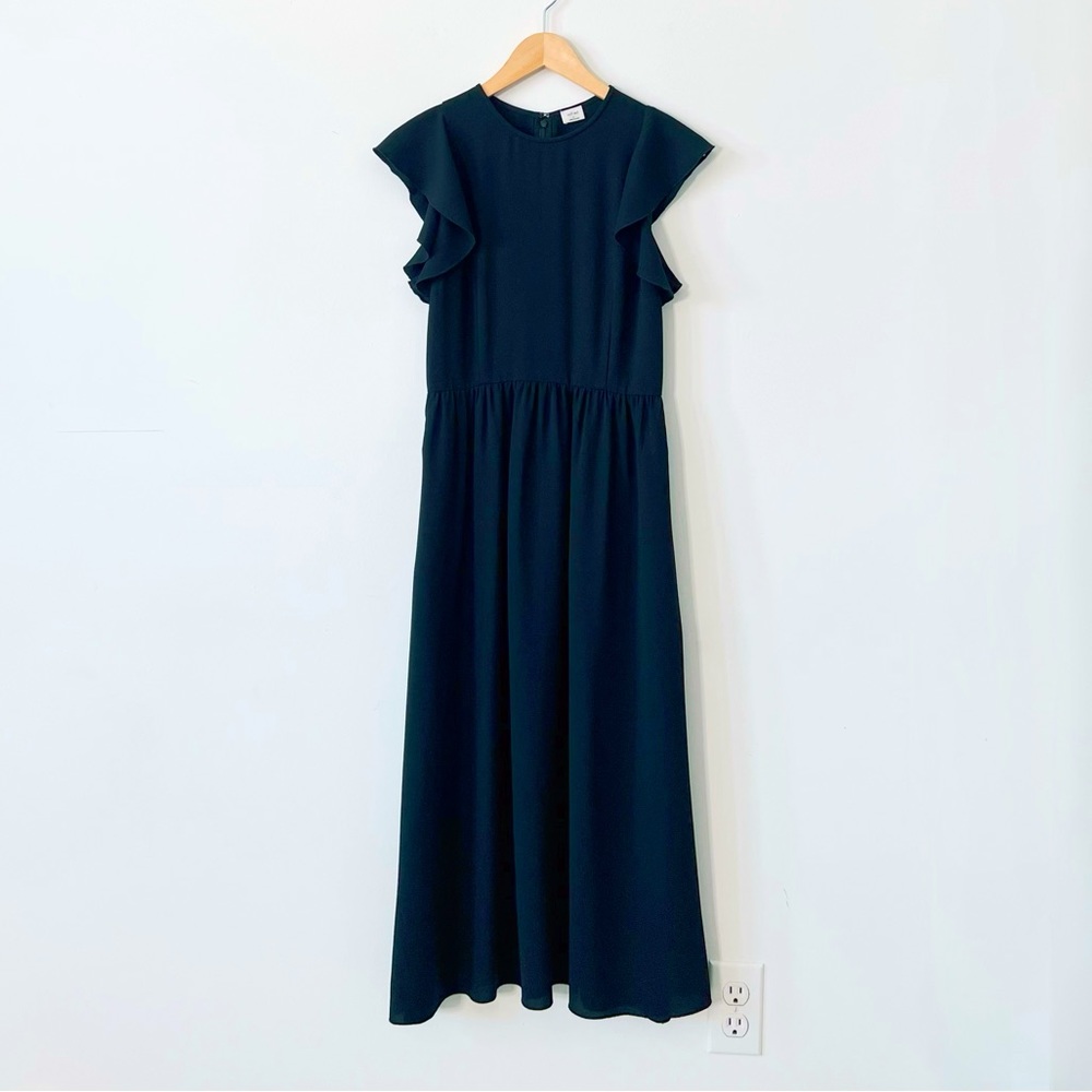 Aritzia Wilfred Fleurette Black Midi Dress Flutter Sleeve A Line Flowy Pockets 2